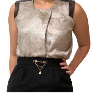 J. Brand Silver & Bronze Silk Blend & Leather Top Size S